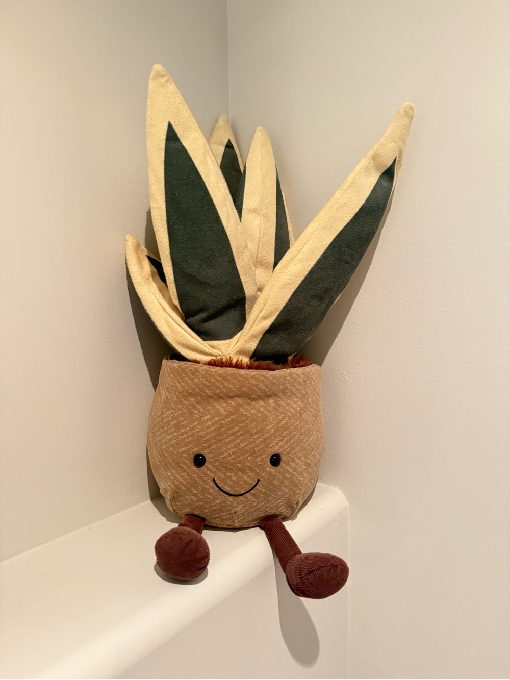 Jellycat Brown Plush Smiling Plant Pot with Green and Cream Leaves Snake Plant